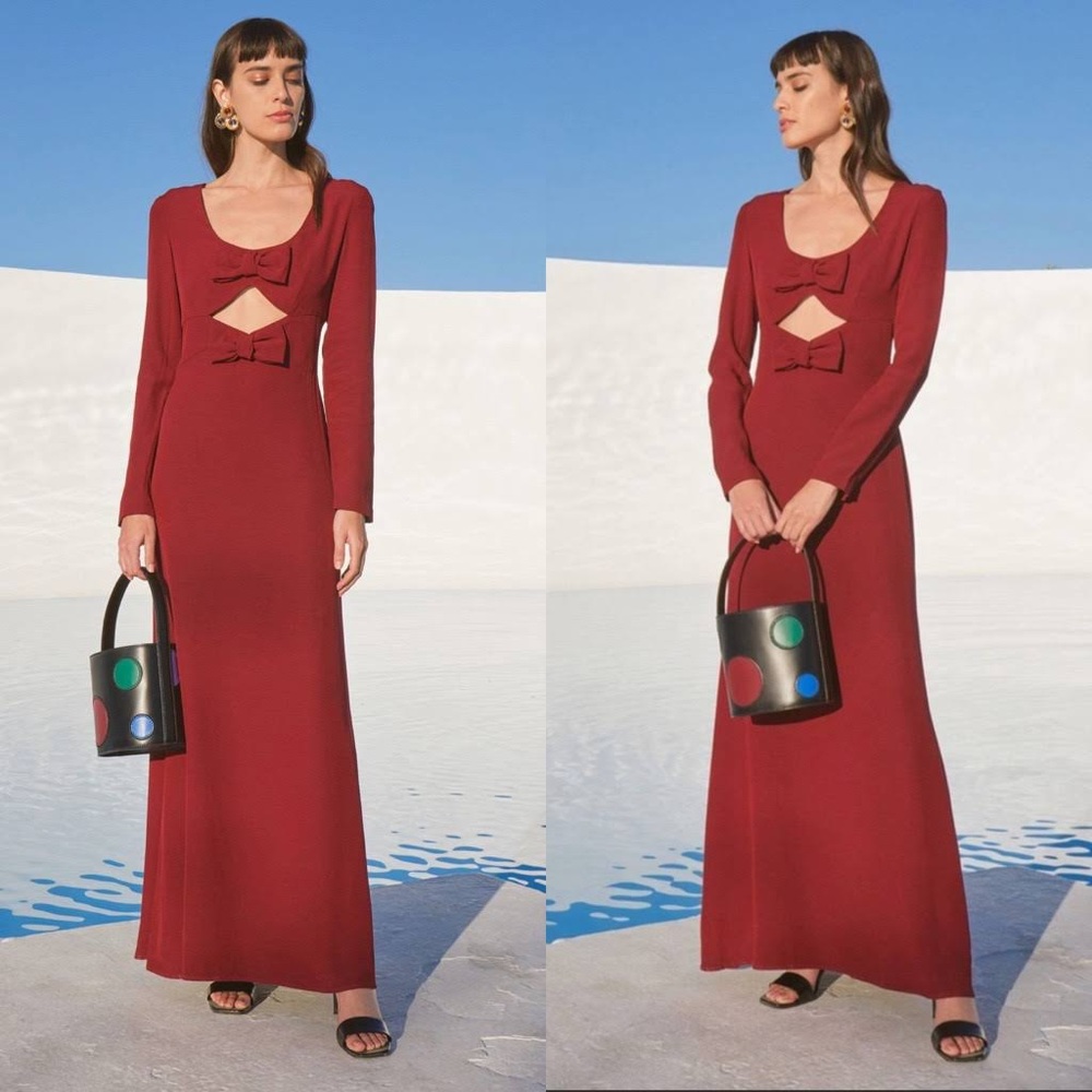 STAUD Lido Dress in Garnet, Long sleeve Maxi with Bows, size 0, NWT - Picture 1 of 6